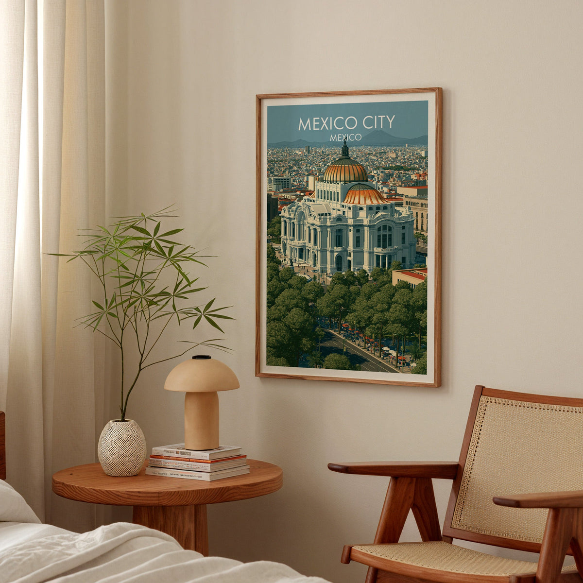 Marble palace poster in an oak frame in a bedroom above a round bedside table with a mushroom lamp
