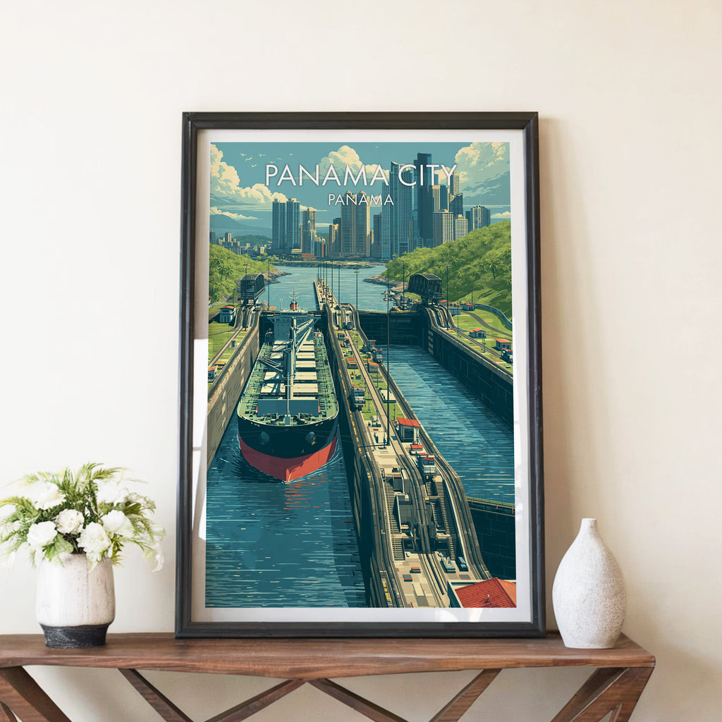 Canal locks poster in a black frame on a walnut console between white peonies and a pale ceramic vase