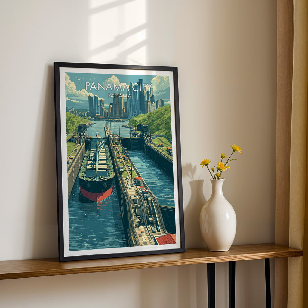 Red-hulled ship in the locks, black frame on a slim wood shelf beside yellow daisies on a sunlit cream wall