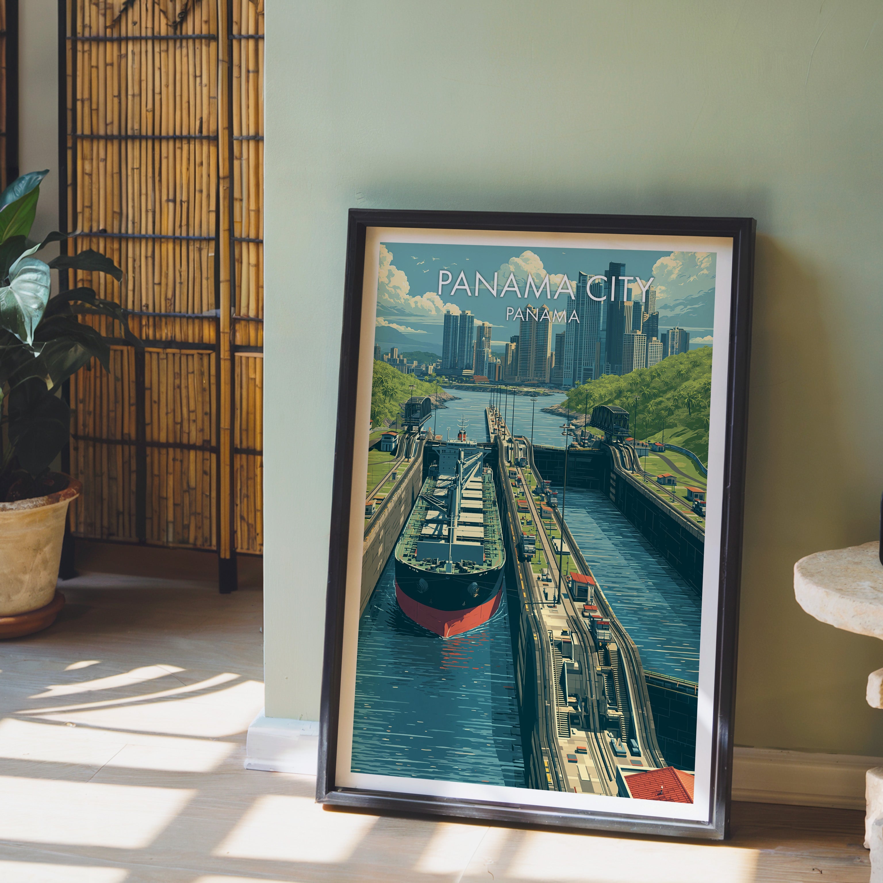 Teal canal water and city towers in a black frame leaning on pale wood floor by a sage wall and bamboo screen
