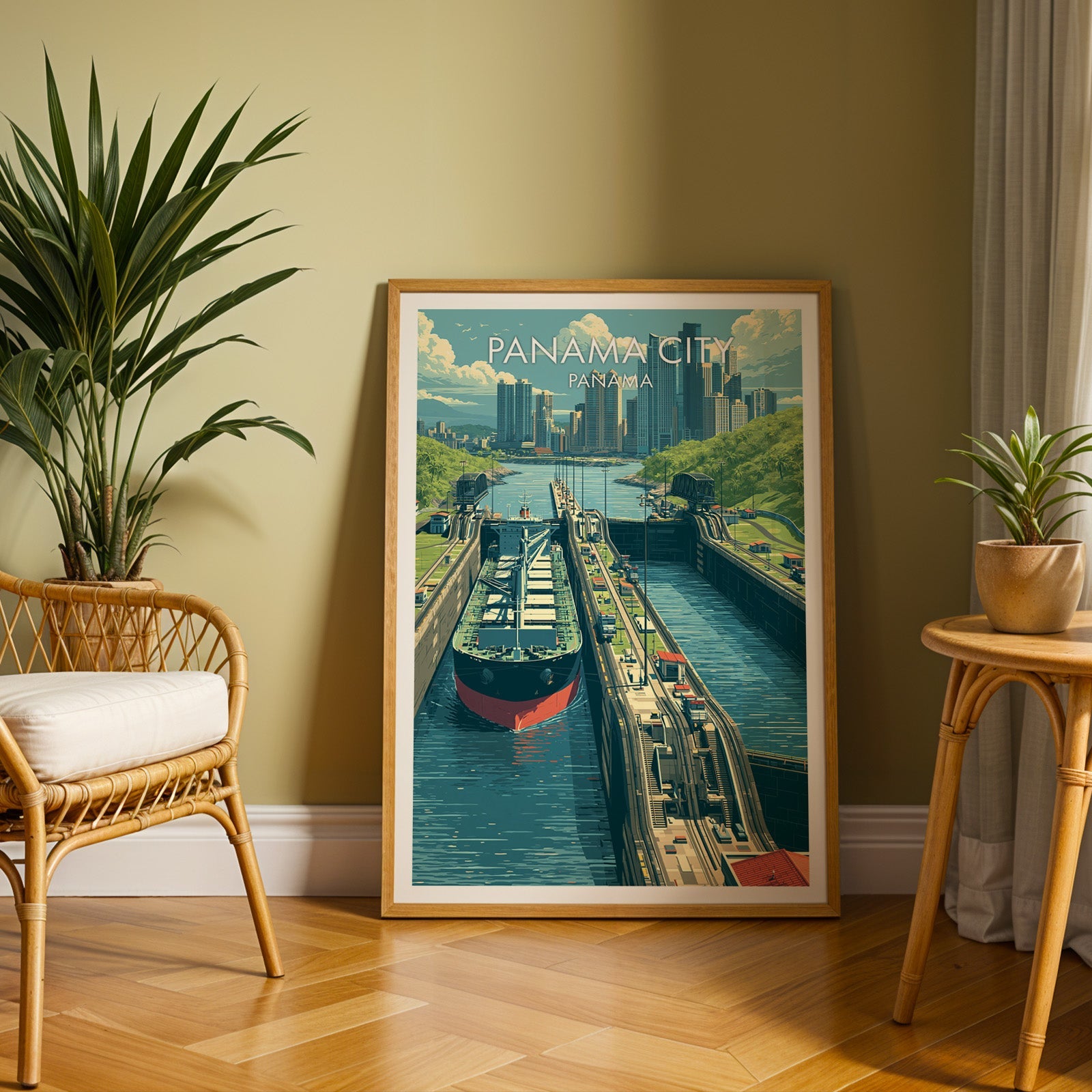 Panama Canal locks art in an oak frame on herringbone parquet, olive wall, rattan chair and cane table