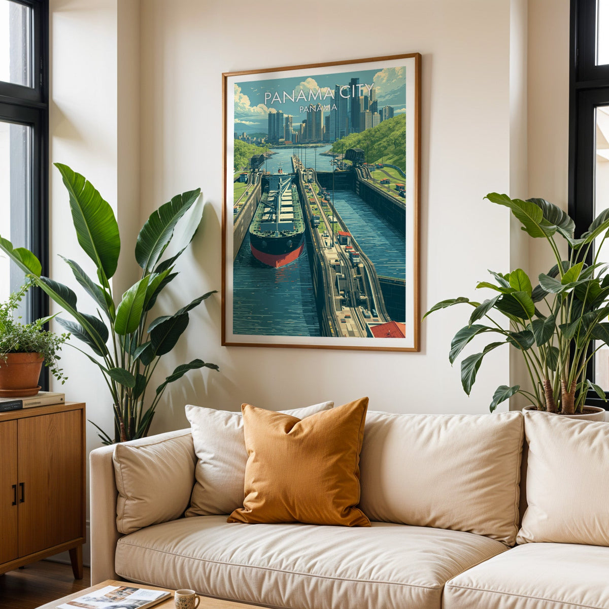 Cargo ship print in an oak frame above a cream sofa with a burnt-orange cushion and tall tropical plants