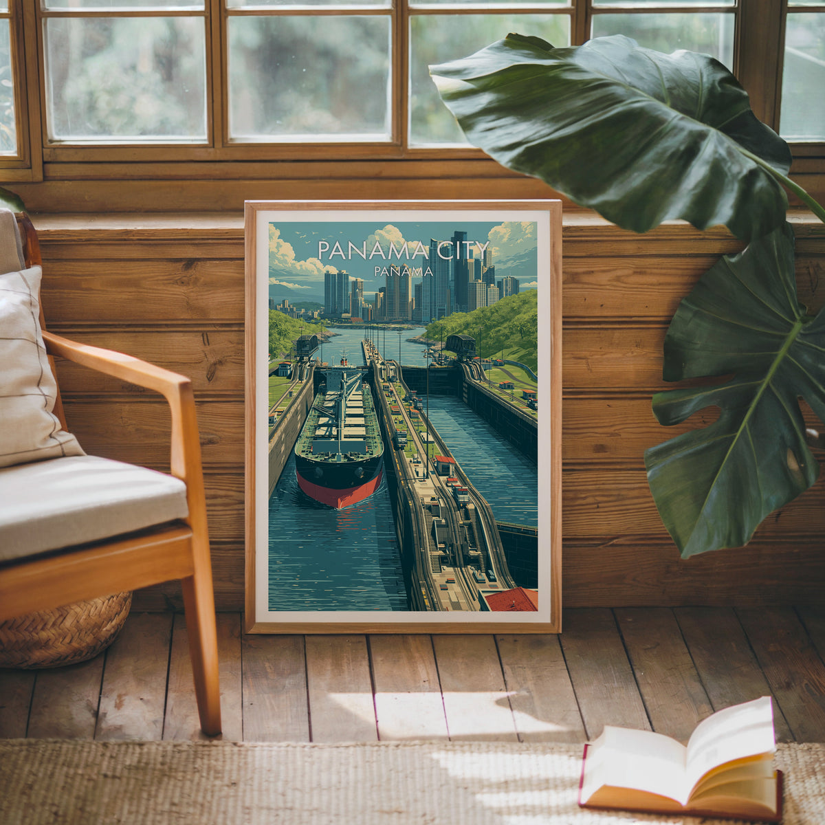 Lock gates and skyline in an oak frame on a pine cabin wall with a wooden armchair and monstera leaf