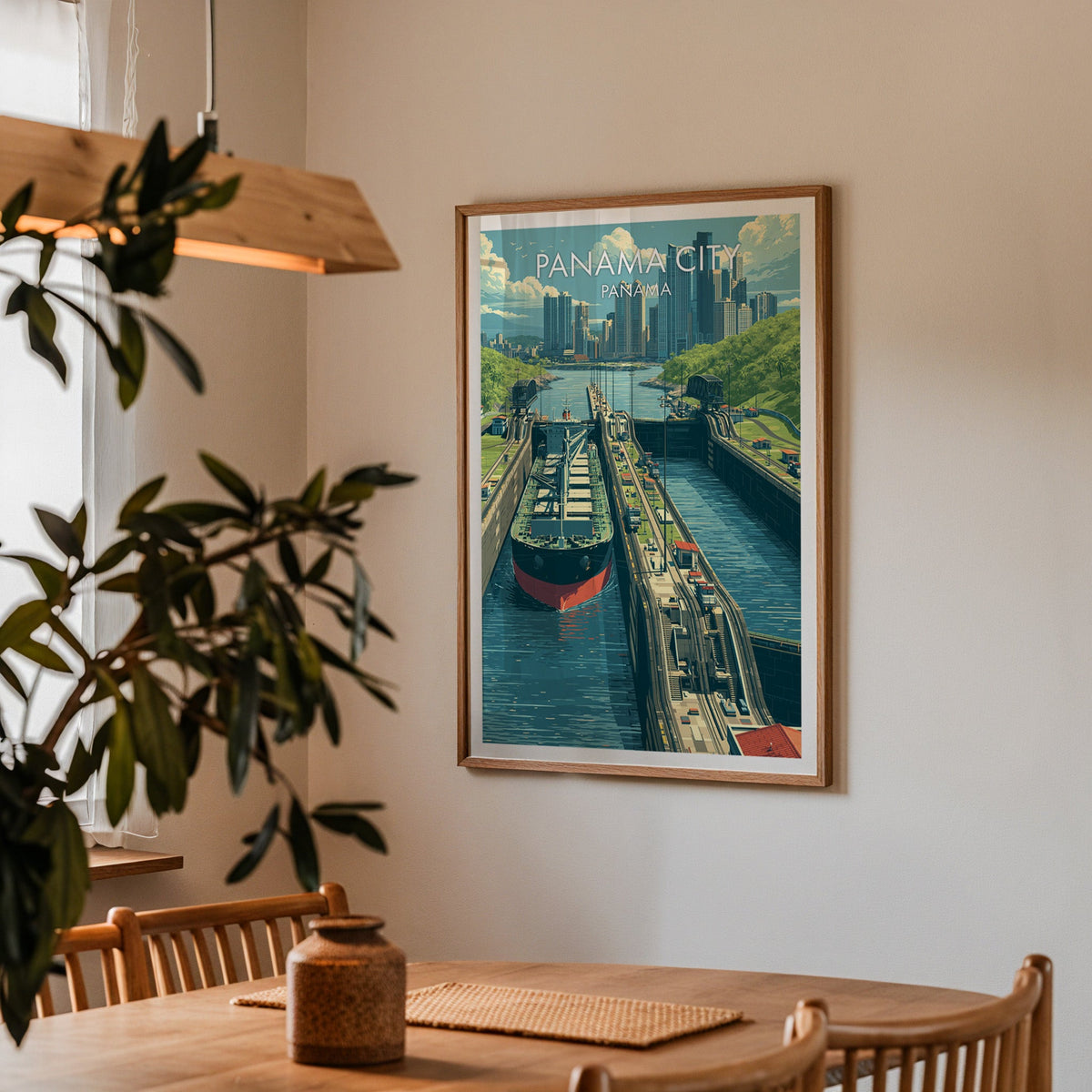 Panama City skyline print in an oak frame over an oak dining table with spindle chairs and pendant lamp