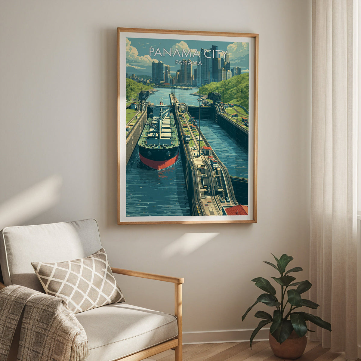 Ship in the lock chamber, oak frame above a cream armchair with a check cushion and sheer curtain