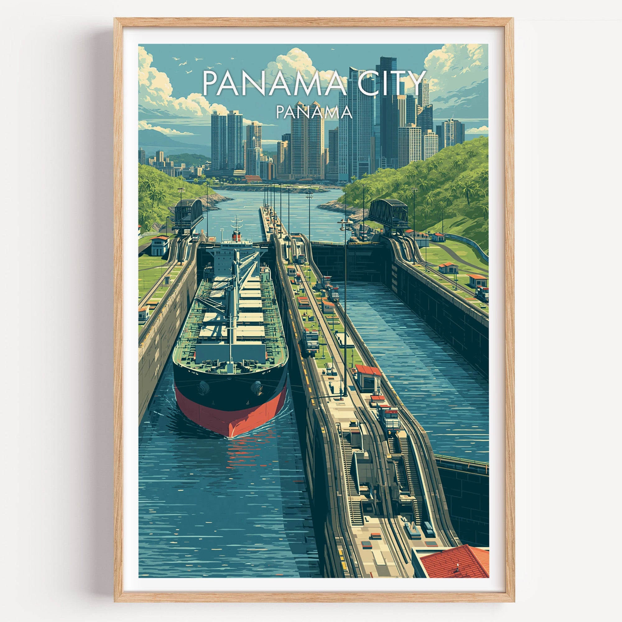 Panama City travel print of a cargo ship in the canal locks, light oak frame on a plain white wall