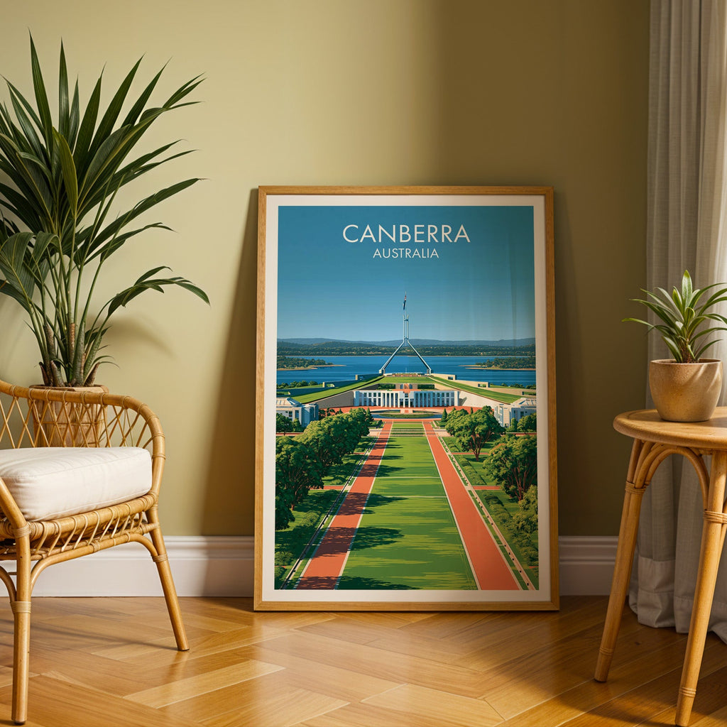 Green lawn axis poster in an oak frame on herringbone parquet with an olive wall and a rattan chair