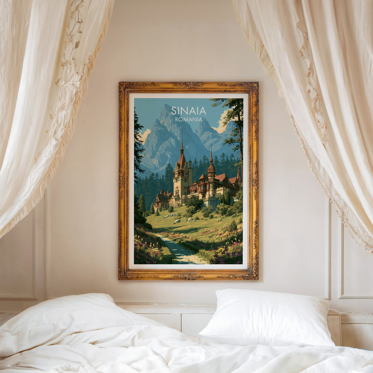Peleș Castle travel poster, ornate gold frame above a white bed with linen canopy curtains