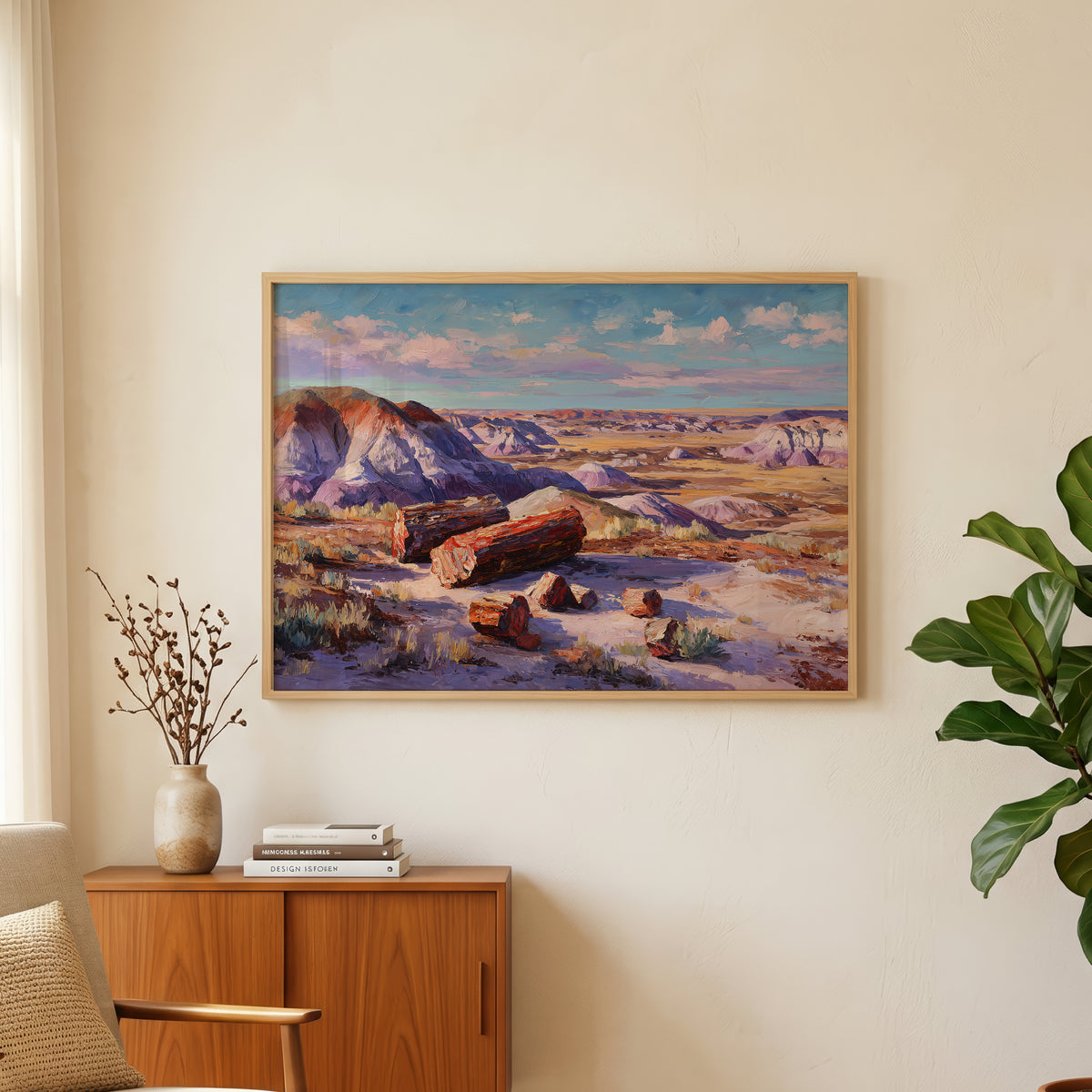 Petrified Forest oil painting wall art above an oak and rattan sideboard with a lamp