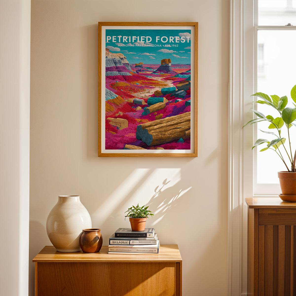 Petrified Forest National Park mid-century modern art print framed above a wood console with a ceramic vase — entryway wall art