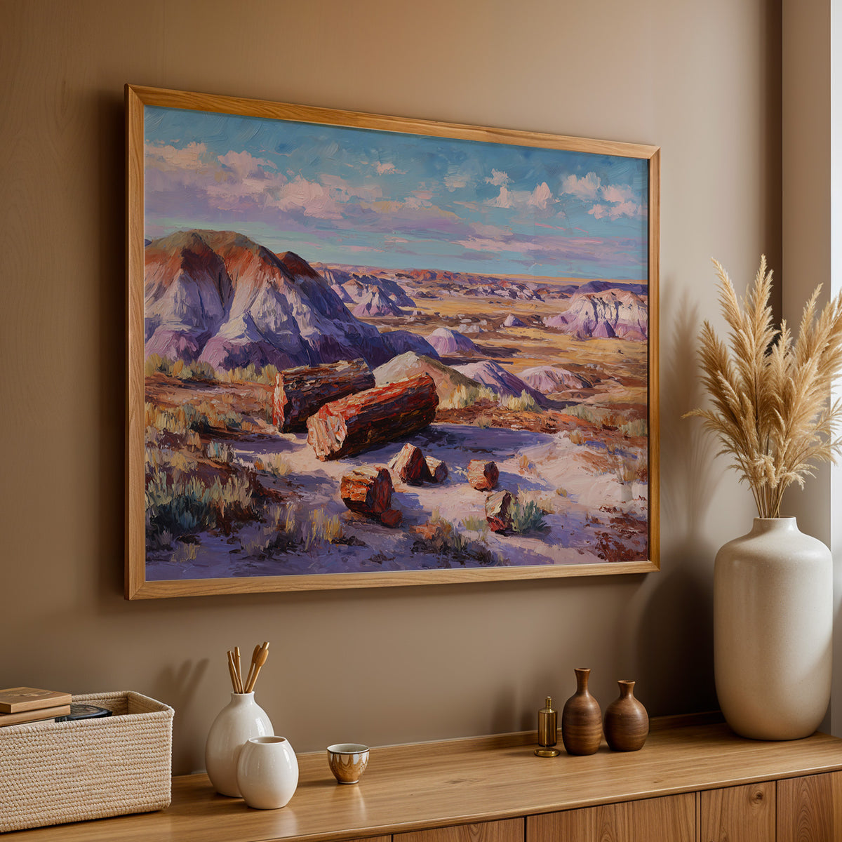Close-up of the Petrified Forest oil painting print showing thick impasto brushstroke texture