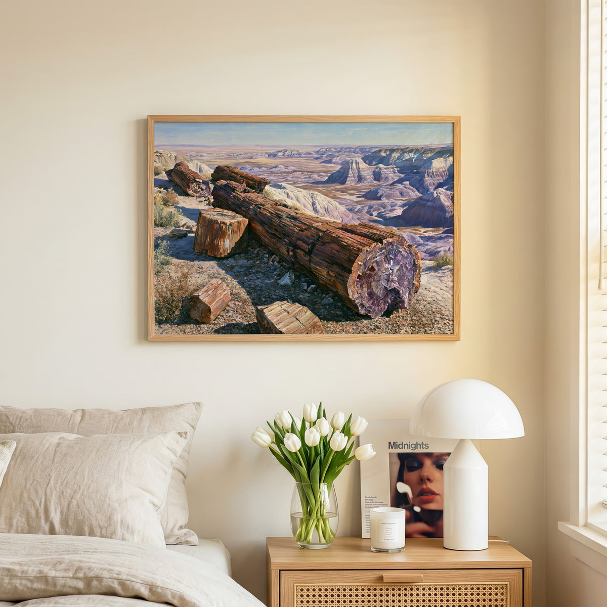 Petrified Forest classical oil painting print above a bed in a neutral bedroom