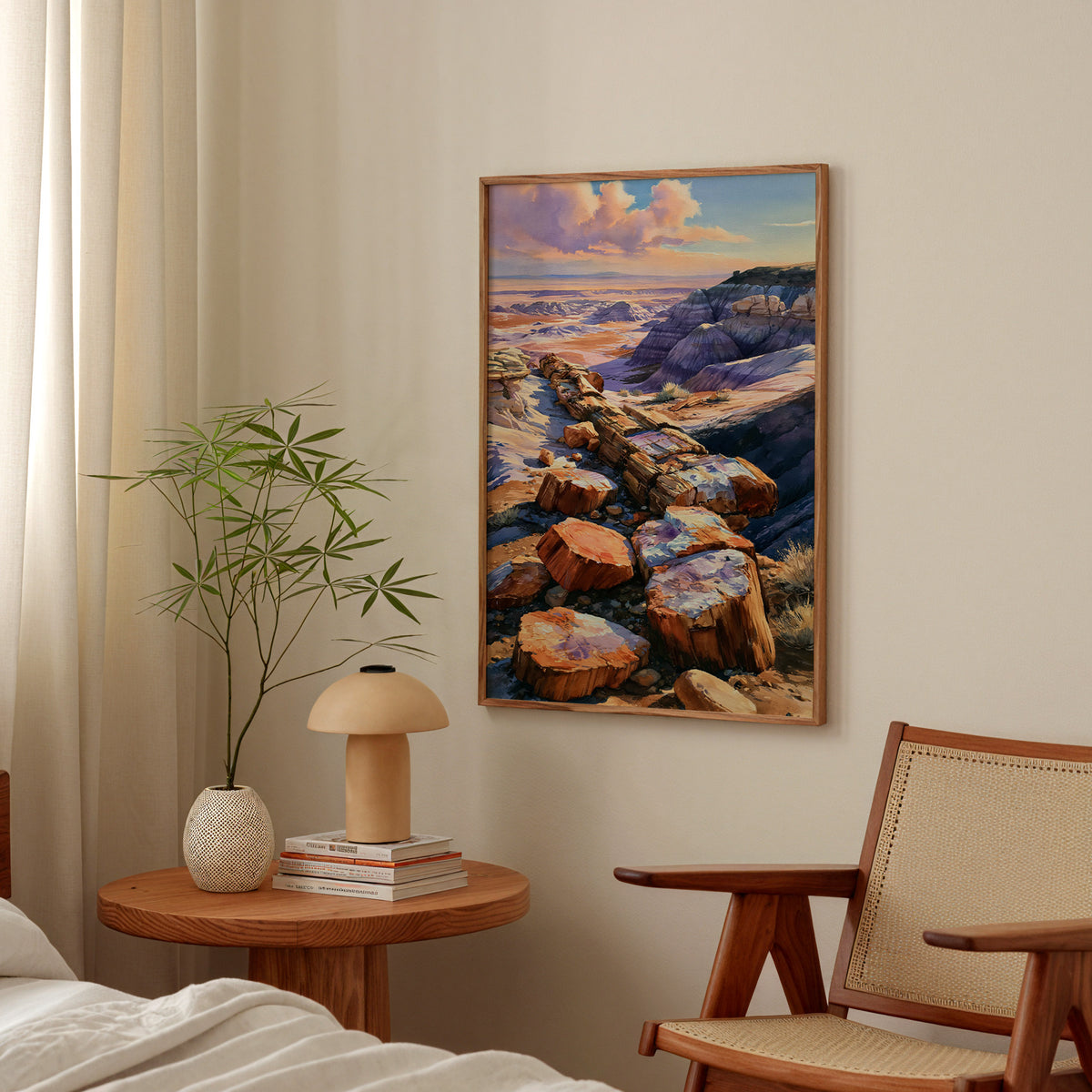 Petrified Forest National Park watercolor art print in an oak frame above a bedroom side table with a mushroom lamp