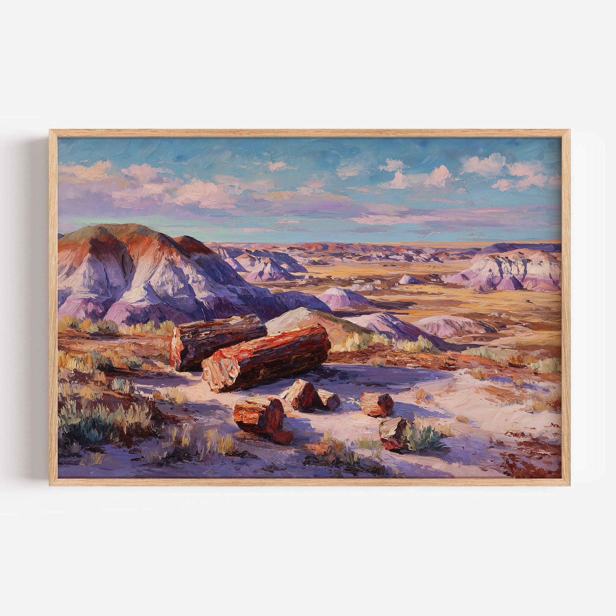 Petrified Forest National Park oil painting print in an oak frame: logs on the Painted Desert