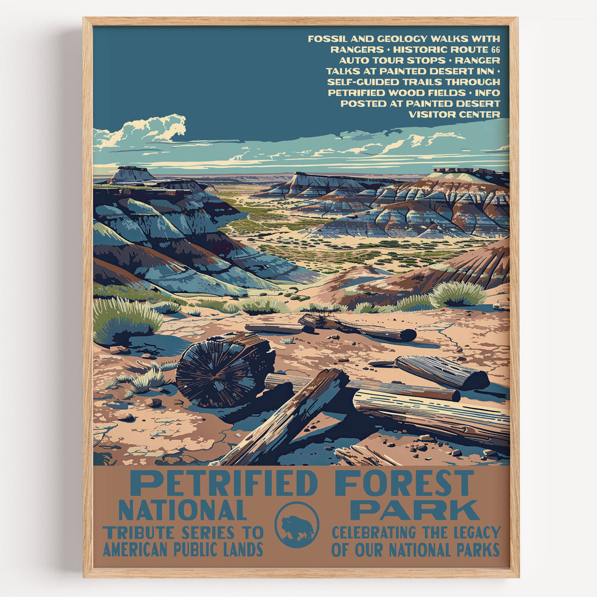 Petrified Forest National Park wall art print in a thin wood frame, petrified logs scattered across the painted badlands
