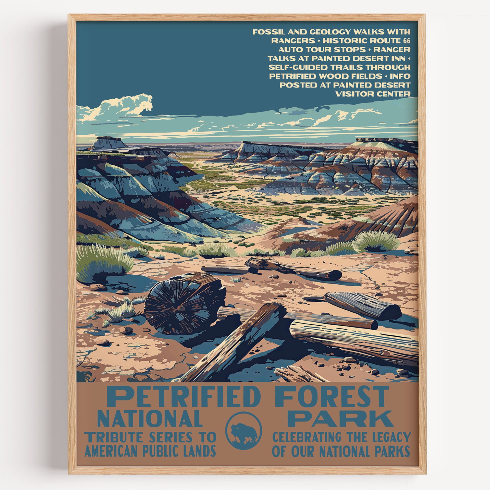 Petrified Forest National Park wall art print in a thin wood frame, petrified logs scattered across the painted badlands