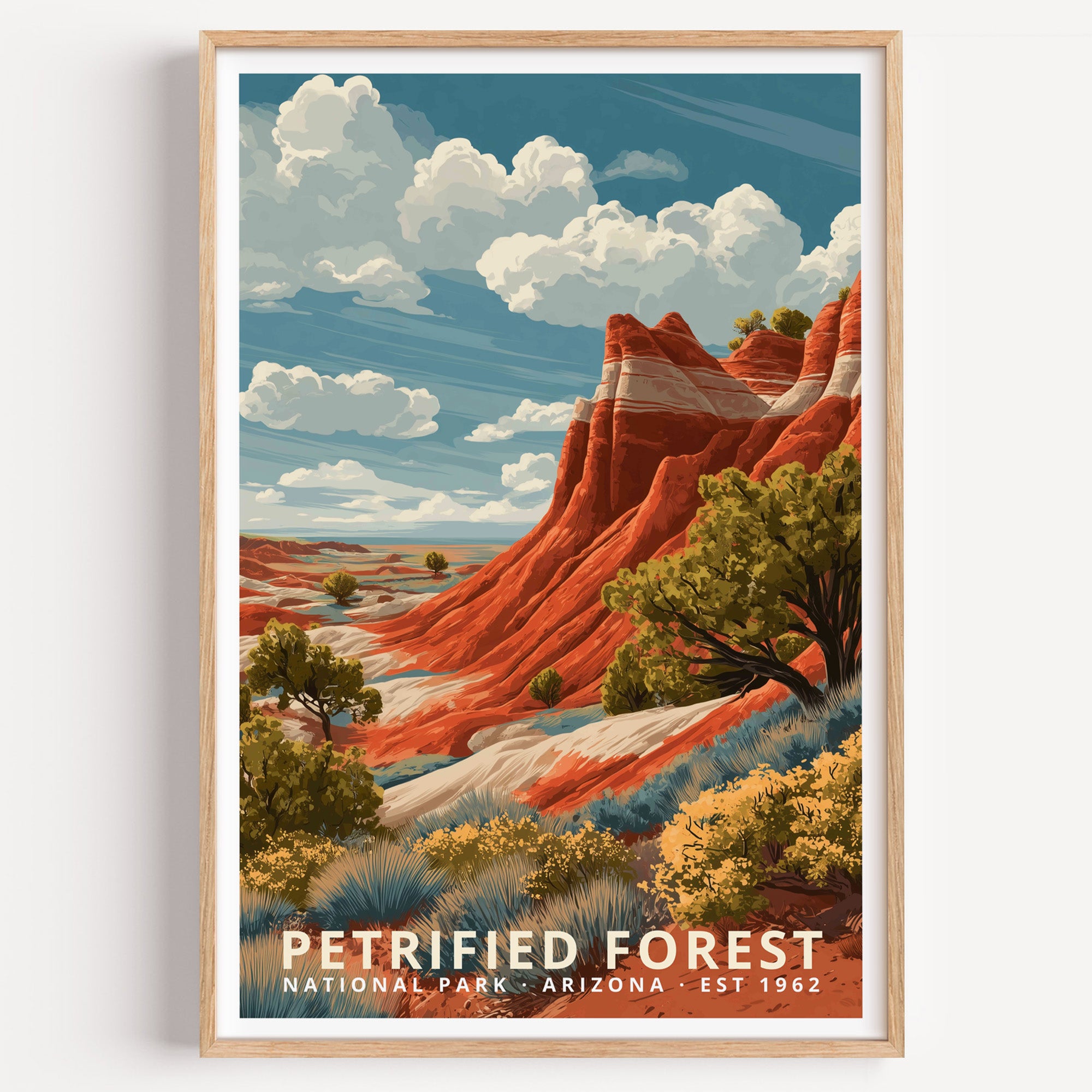 Petrified Forest National Park retro travel poster — banded red badlands and desert scrub under tall white clouds, Arizona