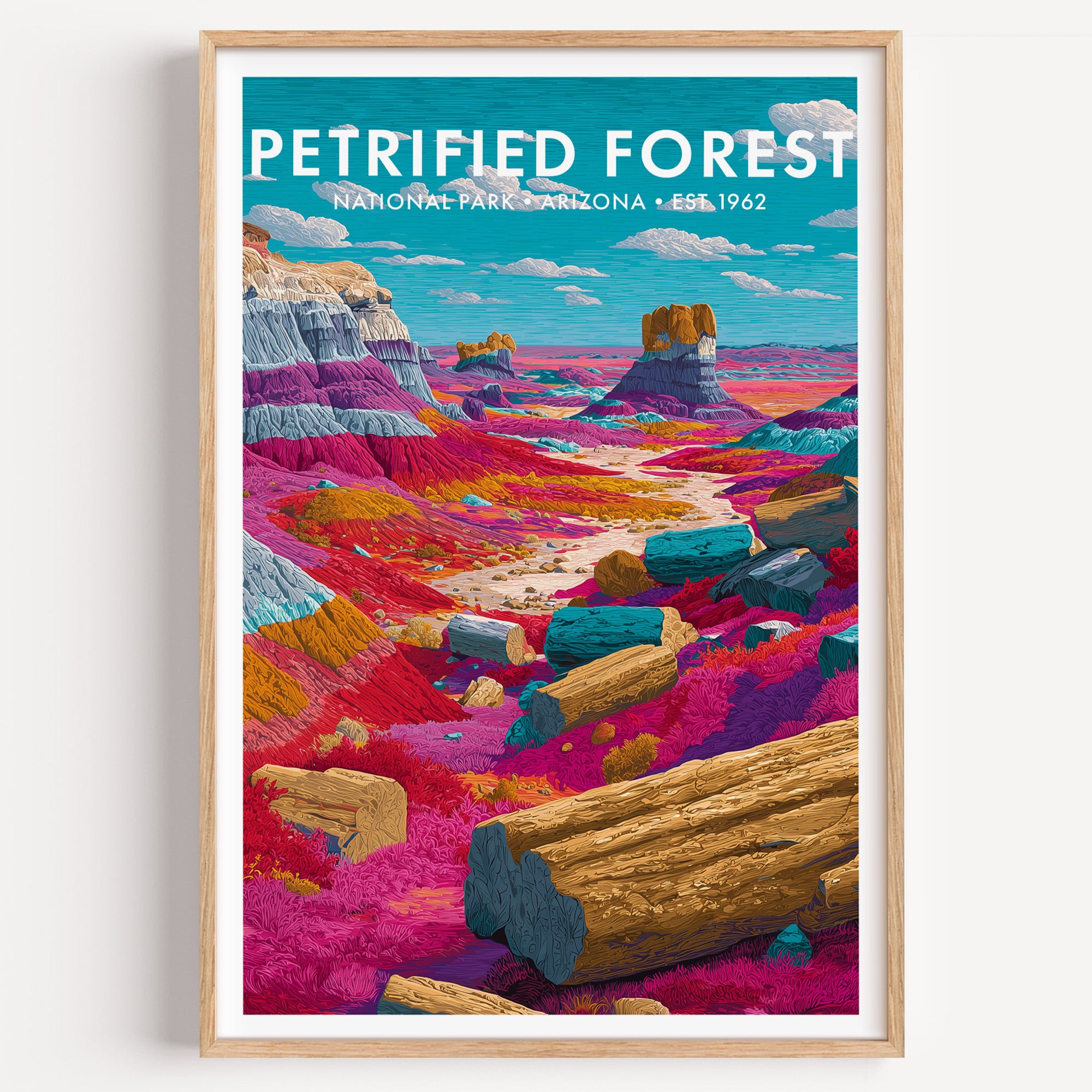 Petrified Forest National Park mid-century modern art print — Painted Desert badlands banded in magenta, rose and blue-grey