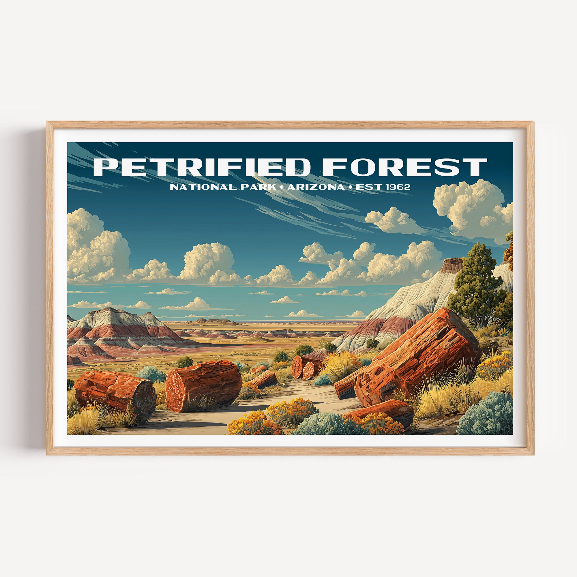 Fallen petrified logs of orange fossil wood scattered across the Painted Desert — Petrified Forest National Park vintage WPA travel poster print
