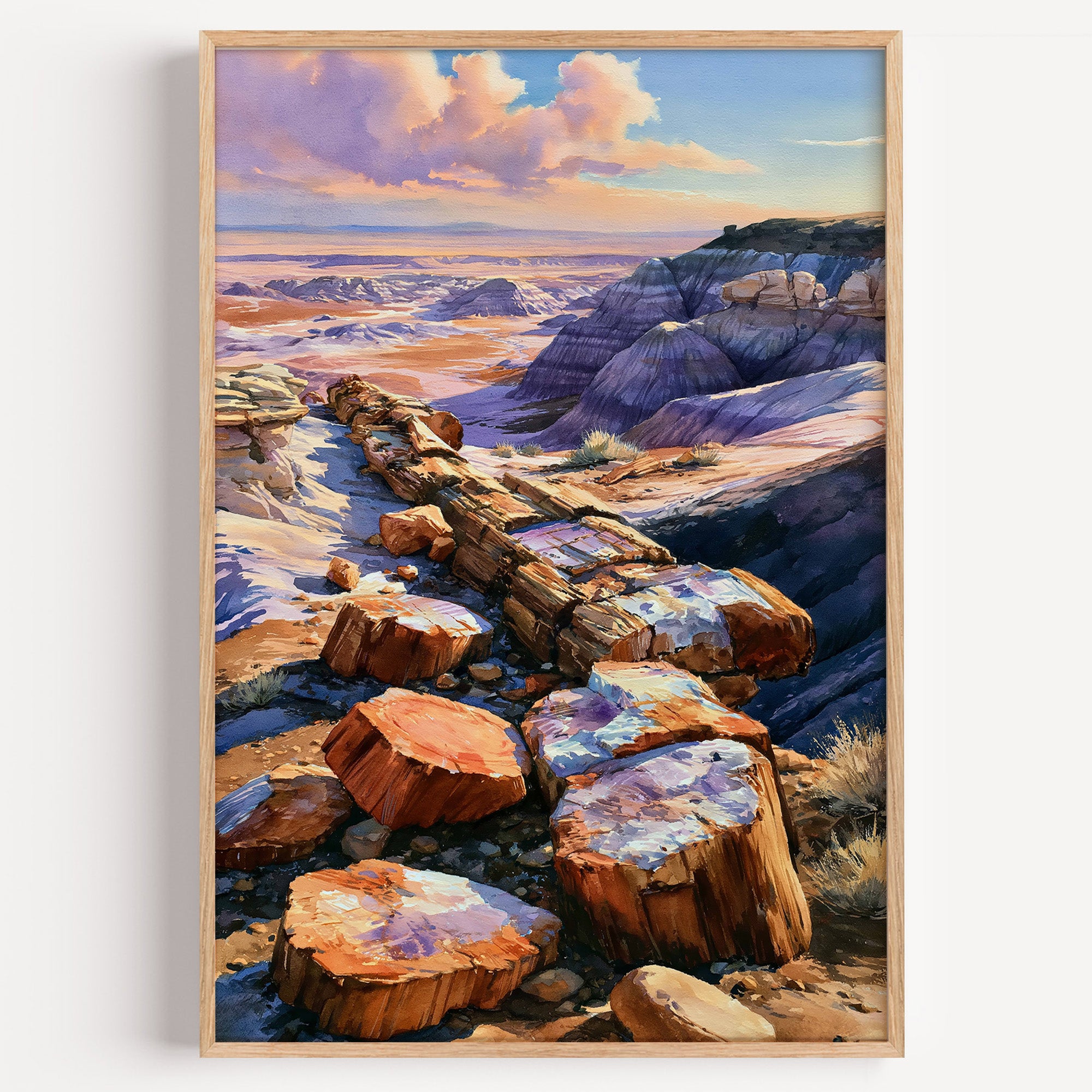 Petrified Forest National Park watercolor art print: agate-ringed petrified logs below banded lavender badlands