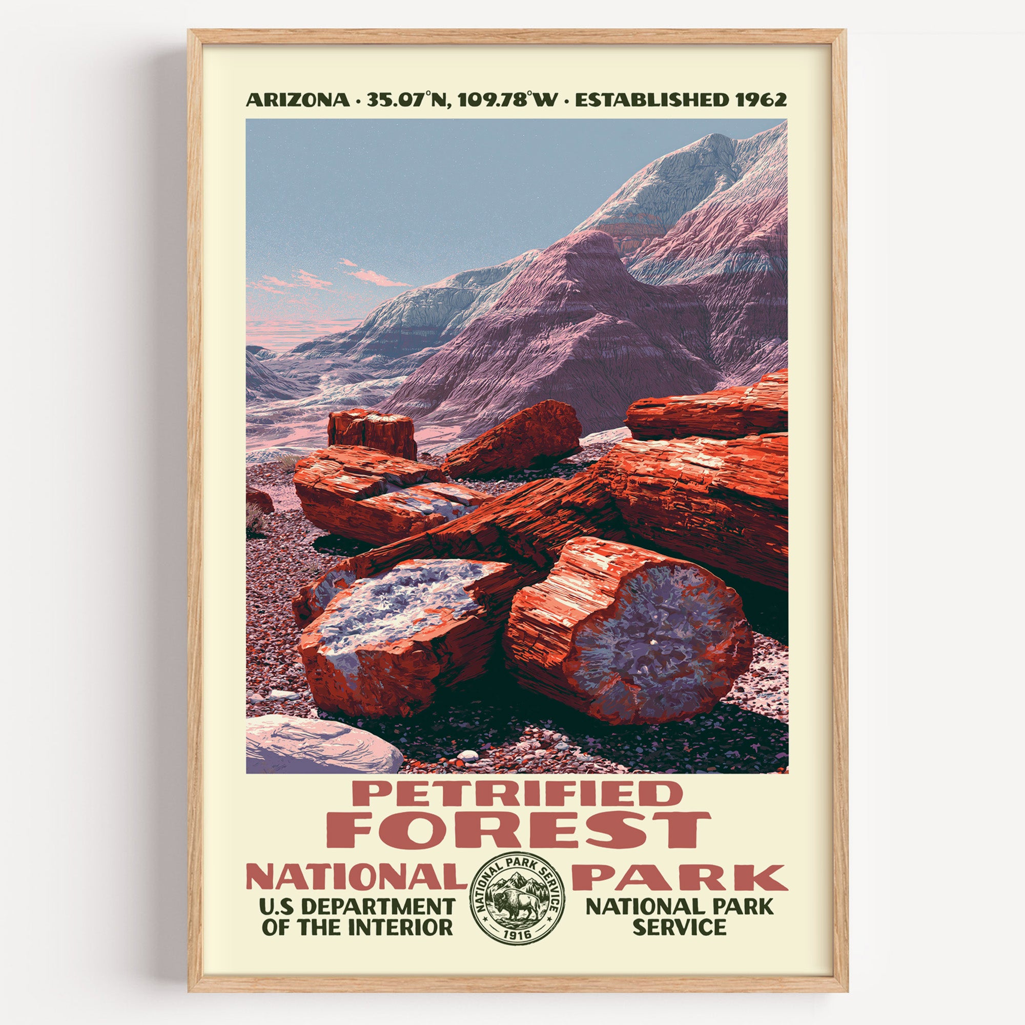 Petrified Forest National Park vintage WPA poster in a wood frame, crystallised logs in painted badlands