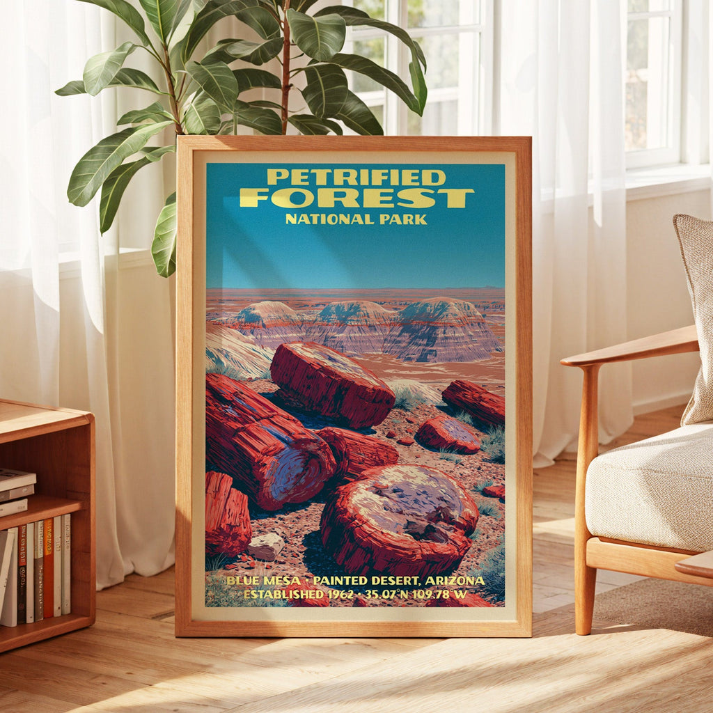 Petrified Forest vintage poster in oak, leaning by a sunlit window with sheer curtains and a low bookshelf