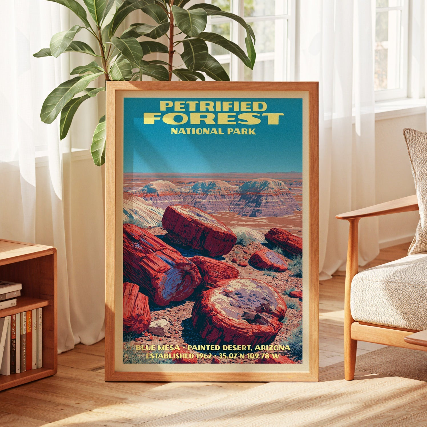 Petrified Forest vintage poster in oak, leaning by a sunlit window with sheer curtains and a low bookshelf