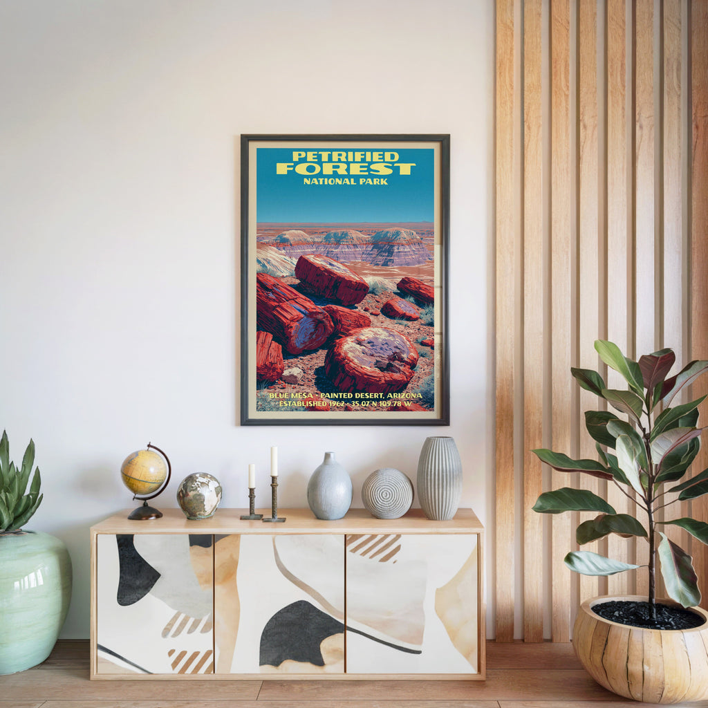 Petrified Forest National Park poster in a black frame above a light wood sideboard by a slatted wall panel