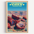 Blue Mesa Petrified Forest vintage poster in a light oak frame on a plain white wall