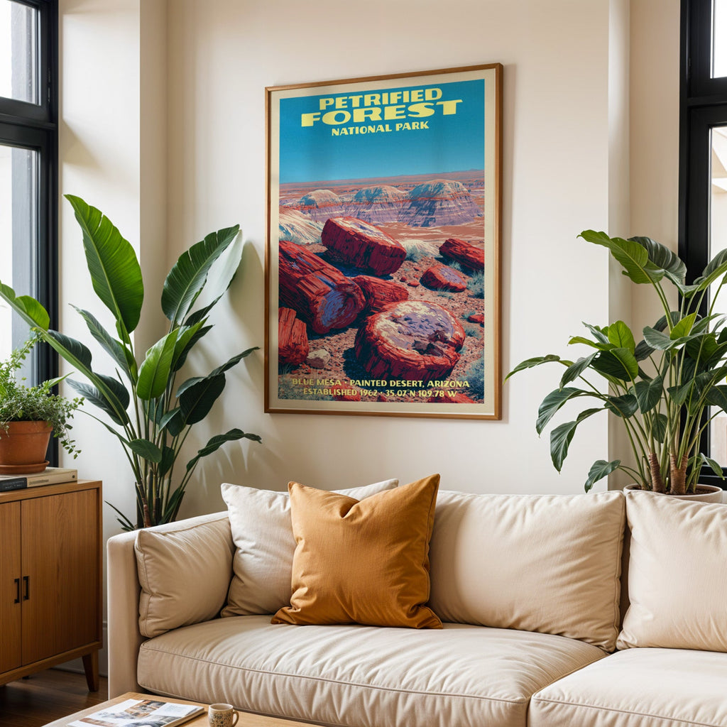Petrified Forest vintage travel print in oak above a cream sofa with a rust cushion and tall houseplants