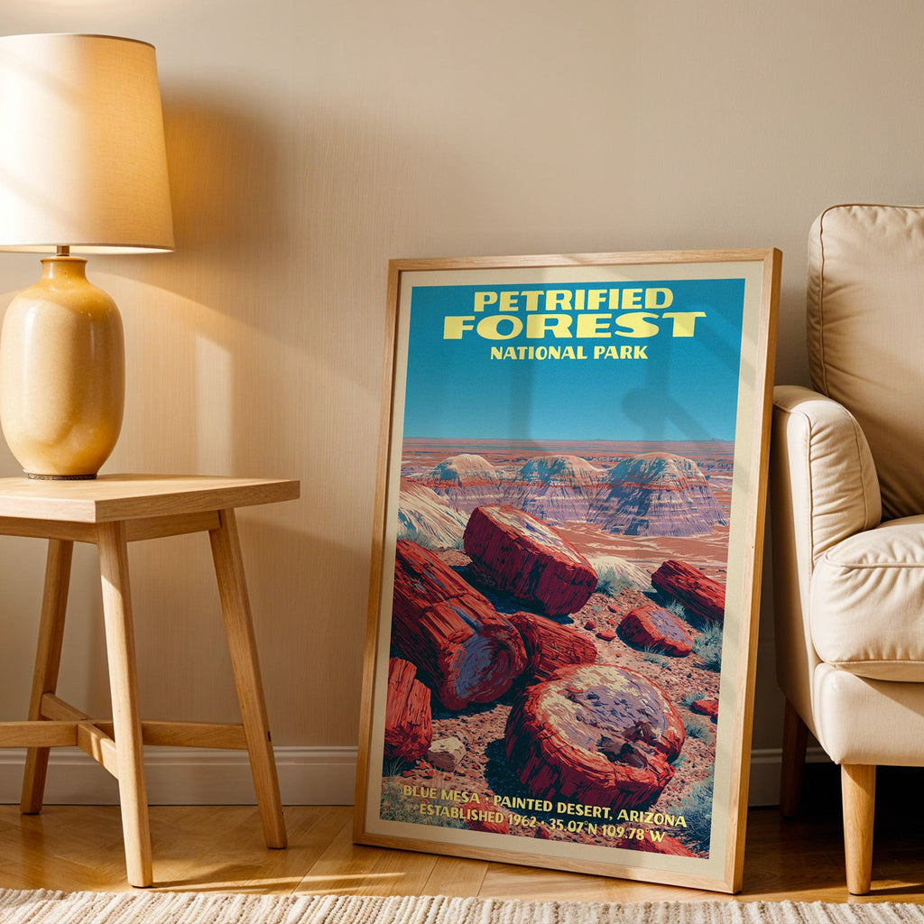 Blue Mesa Petrified Forest wall art in oak, leaning by an armchair and a side table with an ochre lamp