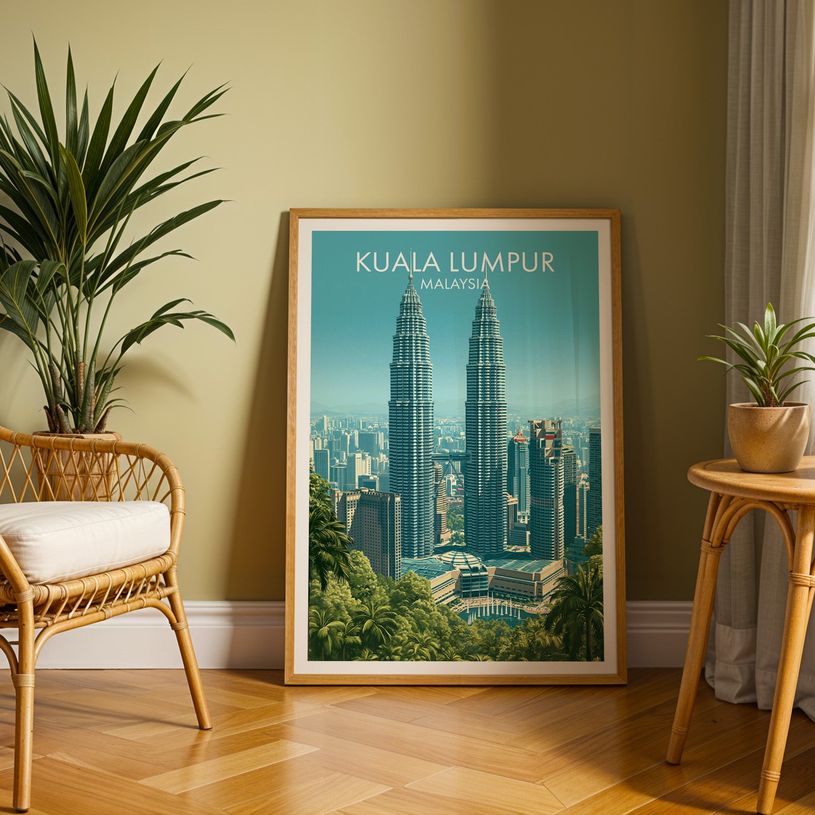 Large Petronas Towers Kuala Lumpur travel print in an oak frame leaning on a herringbone floor next to a rattan chair