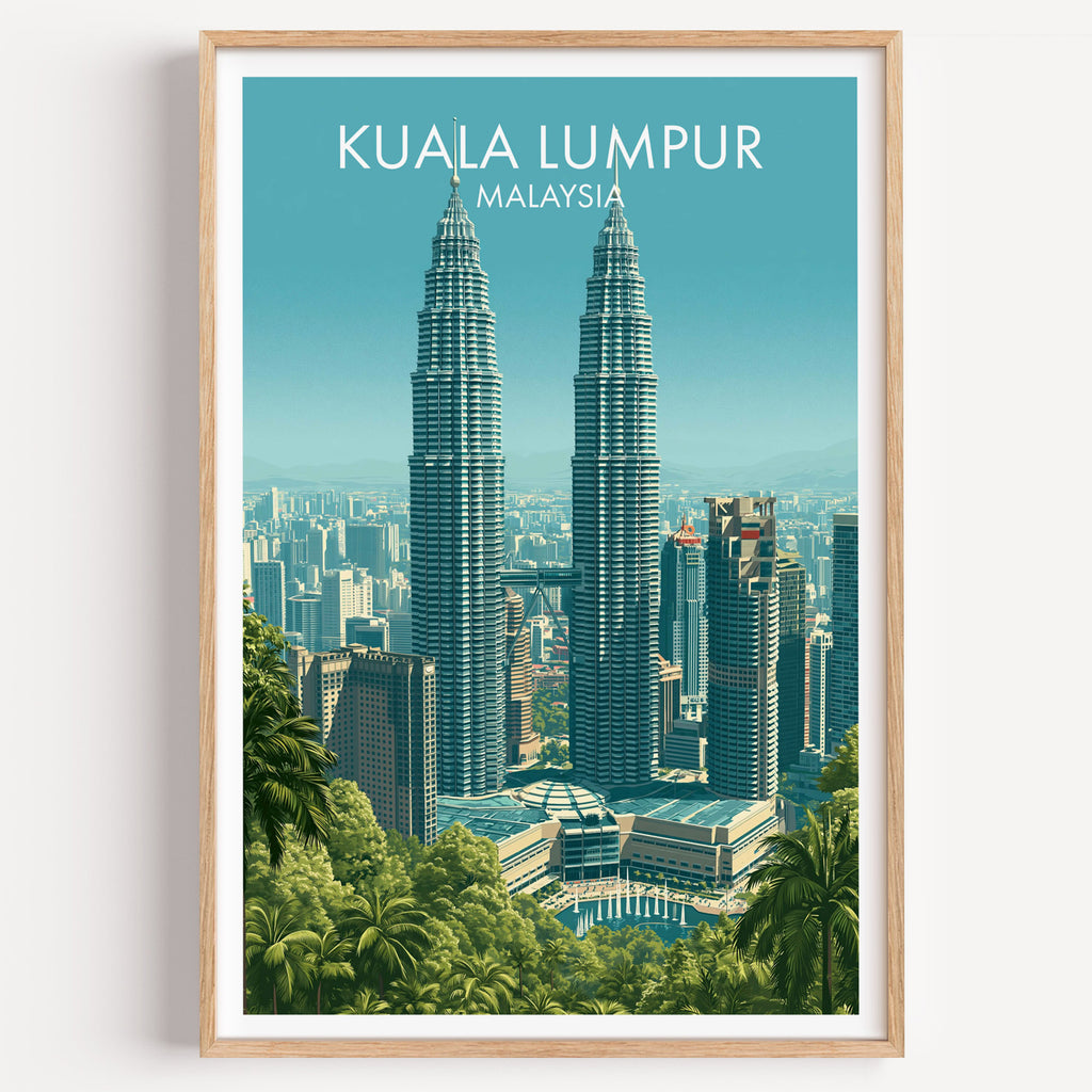 Petronas Towers Kuala Lumpur travel poster in a natural wood frame, shown against a clean white wall