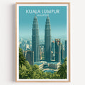 Petronas Towers Kuala Lumpur travel poster in a natural wood frame, shown against a clean white wall