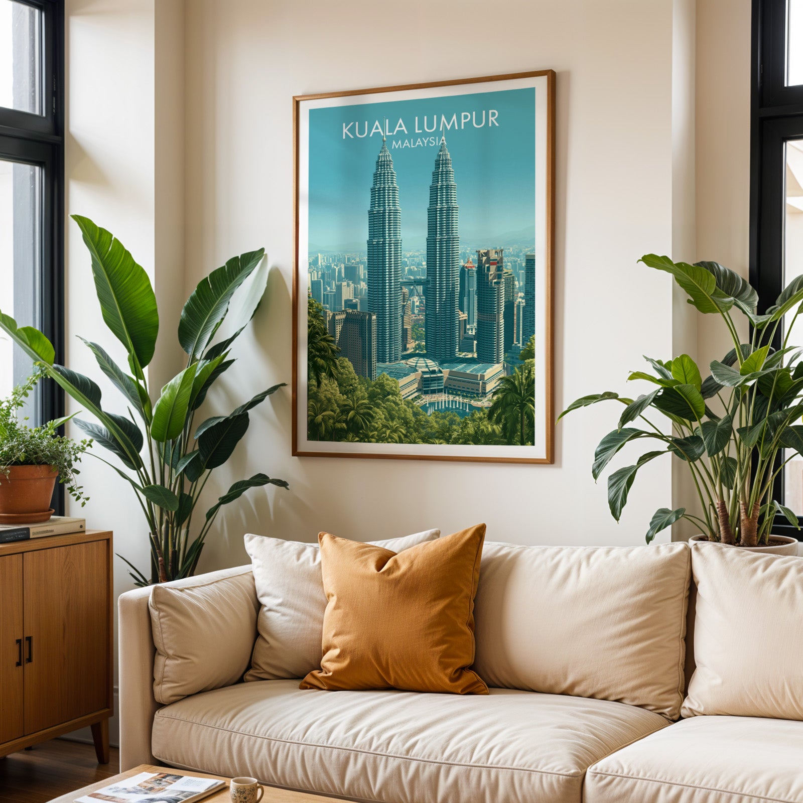 Framed Petronas Towers Kuala Lumpur wall art hanging above a cream sofa in a bright living room with tropical plants
