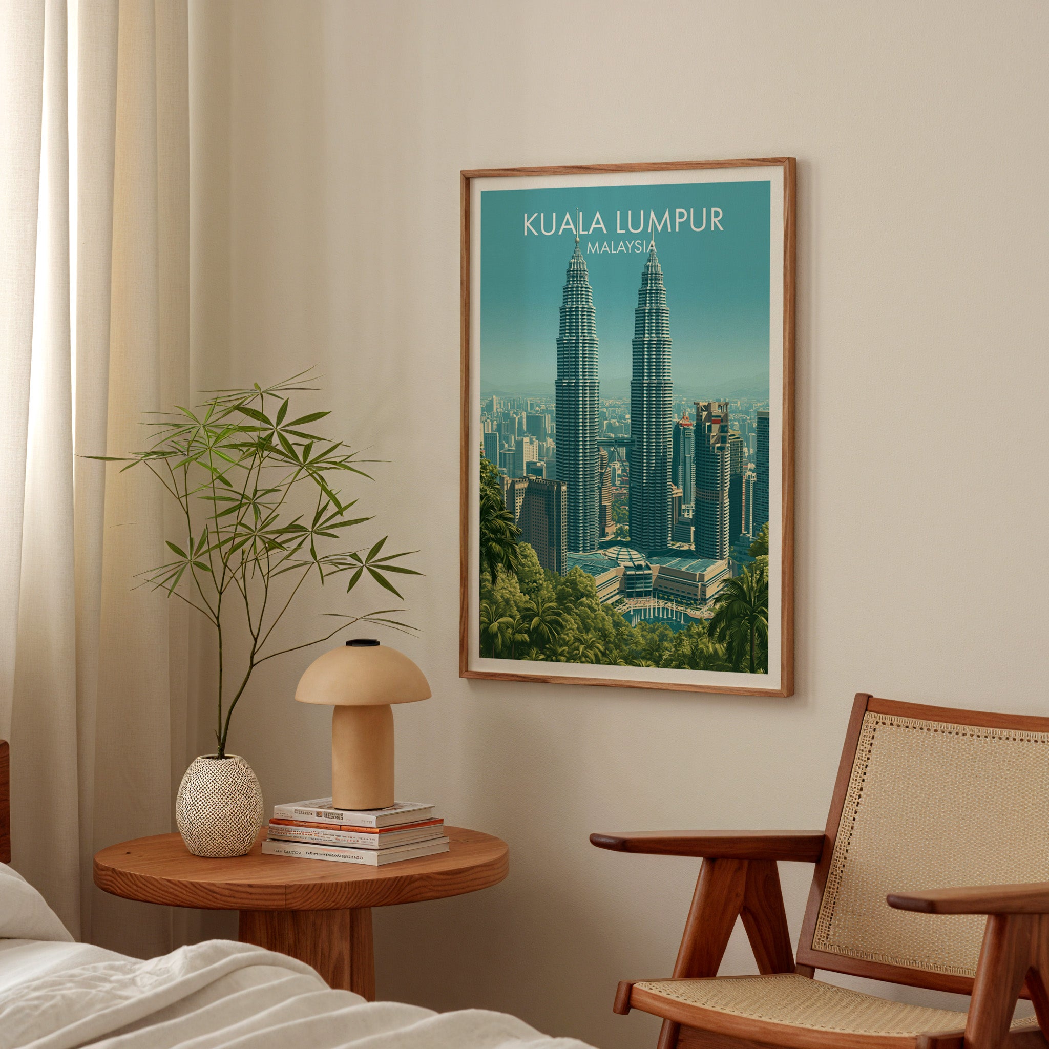 Petronas Towers Kuala Lumpur poster above a bedroom nightstand with a bamboo plant and mushroom lamp