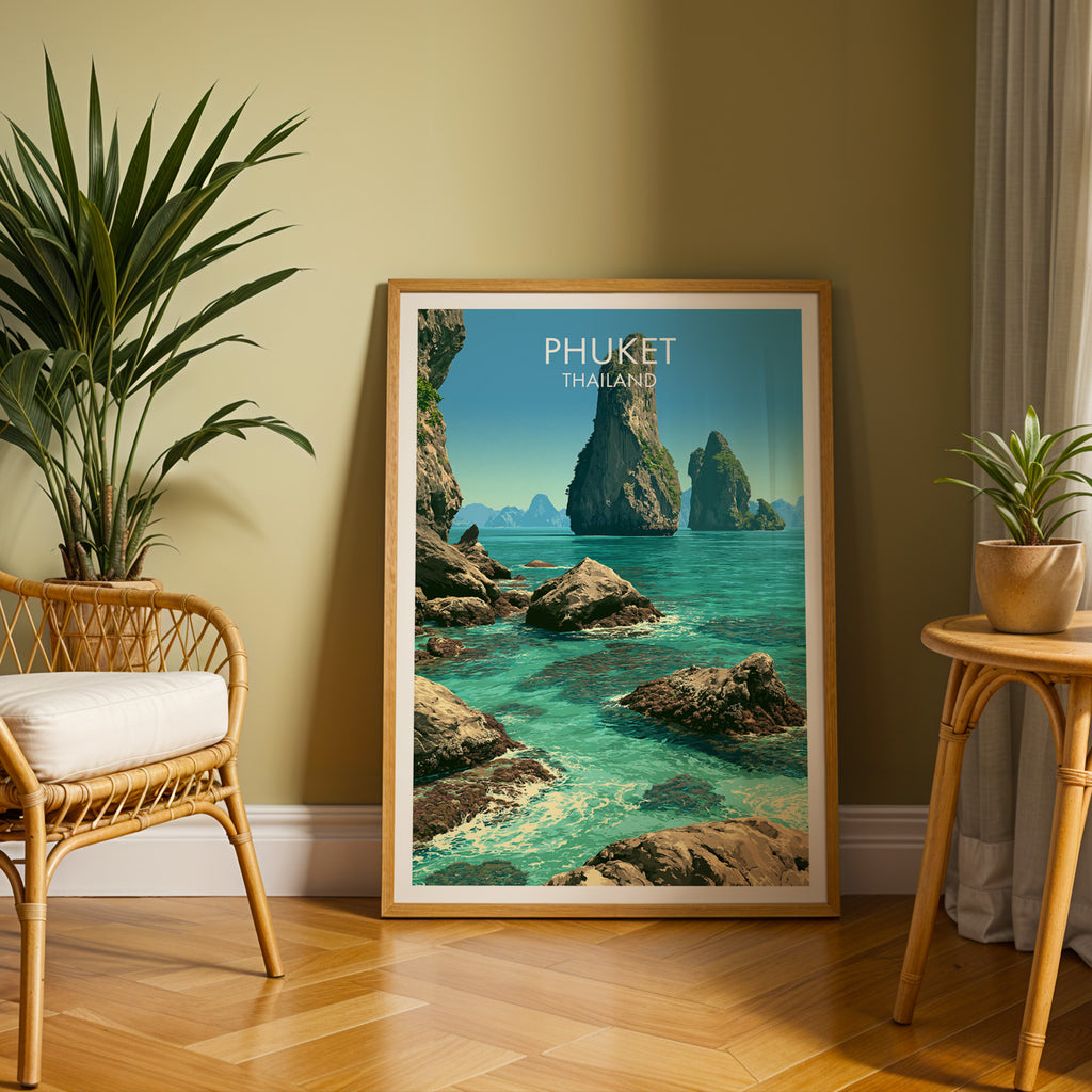 Large Phang Nga Bay Phuket Thailand travel print in an oak frame leaning on a herringbone floor next to a rattan chair