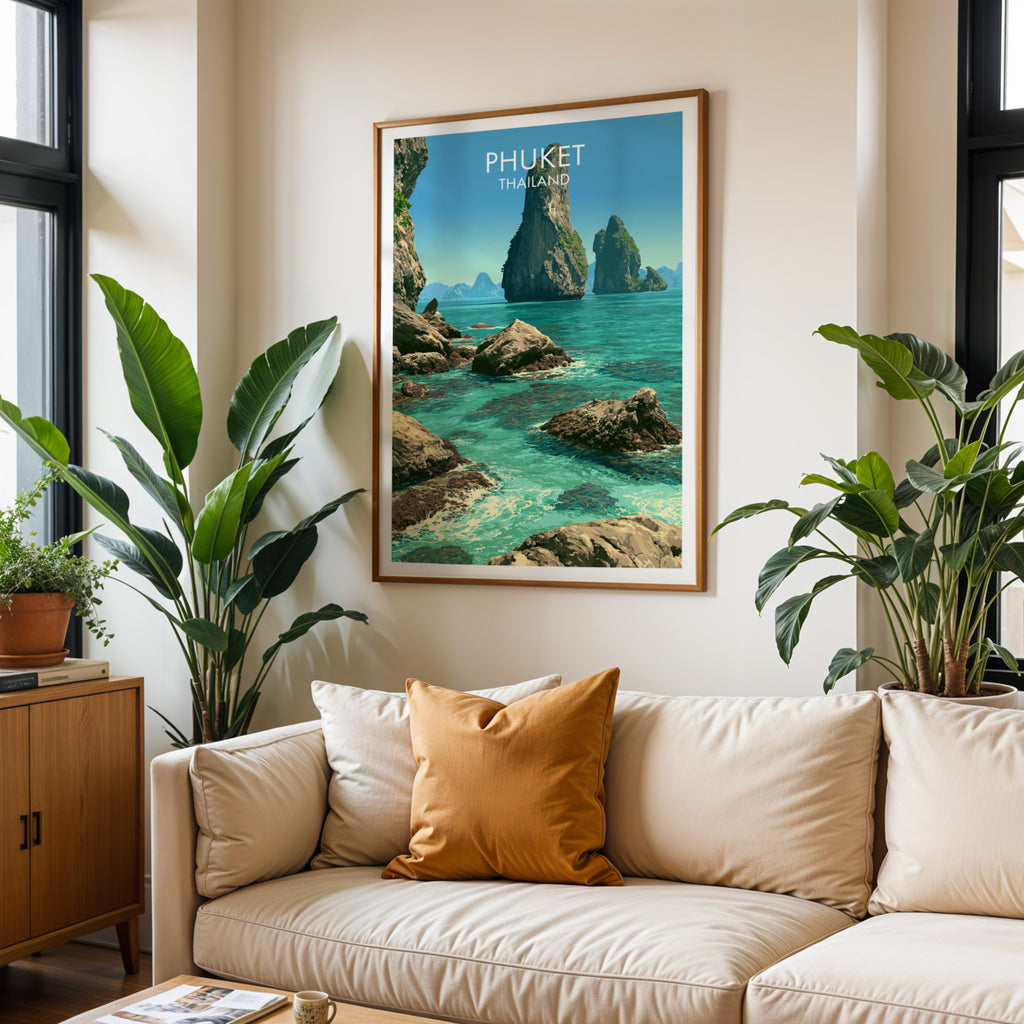 Framed Phang Nga Bay Phuket Thailand wall art hanging above a cream sofa in a bright living room with tropical plants