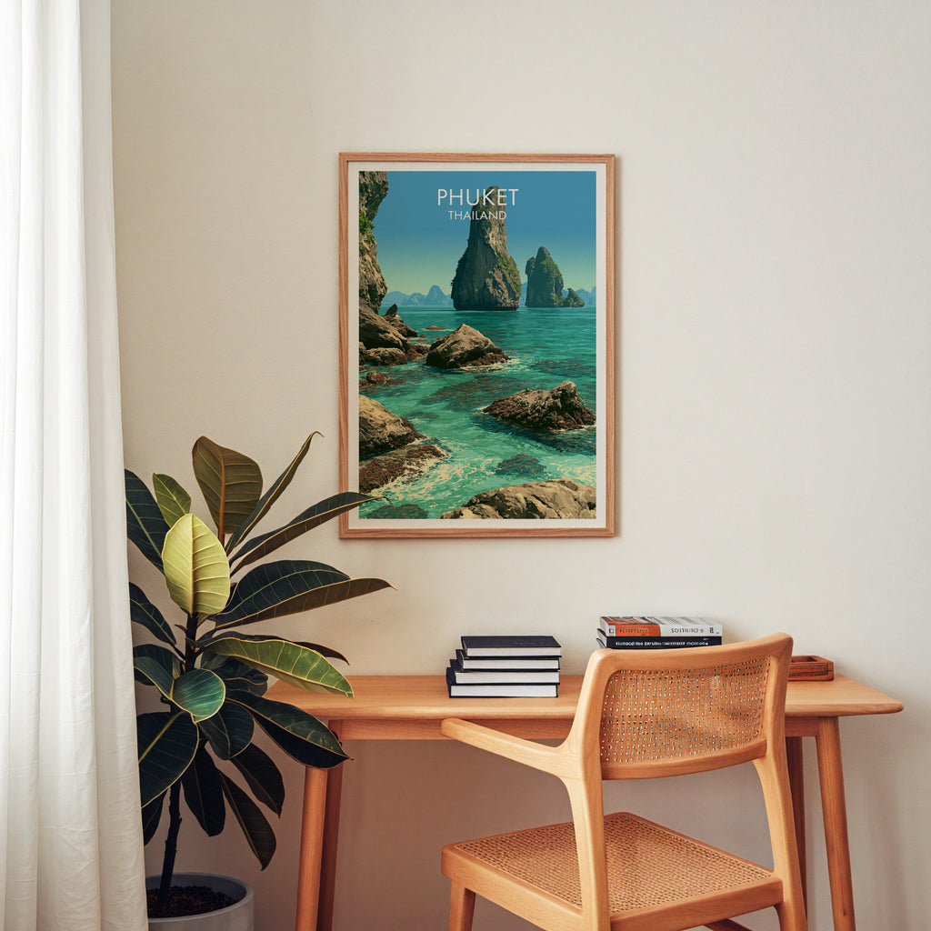 Phang Nga Bay Phuket Thailand wall art above a wooden home office desk with a rattan chair and books