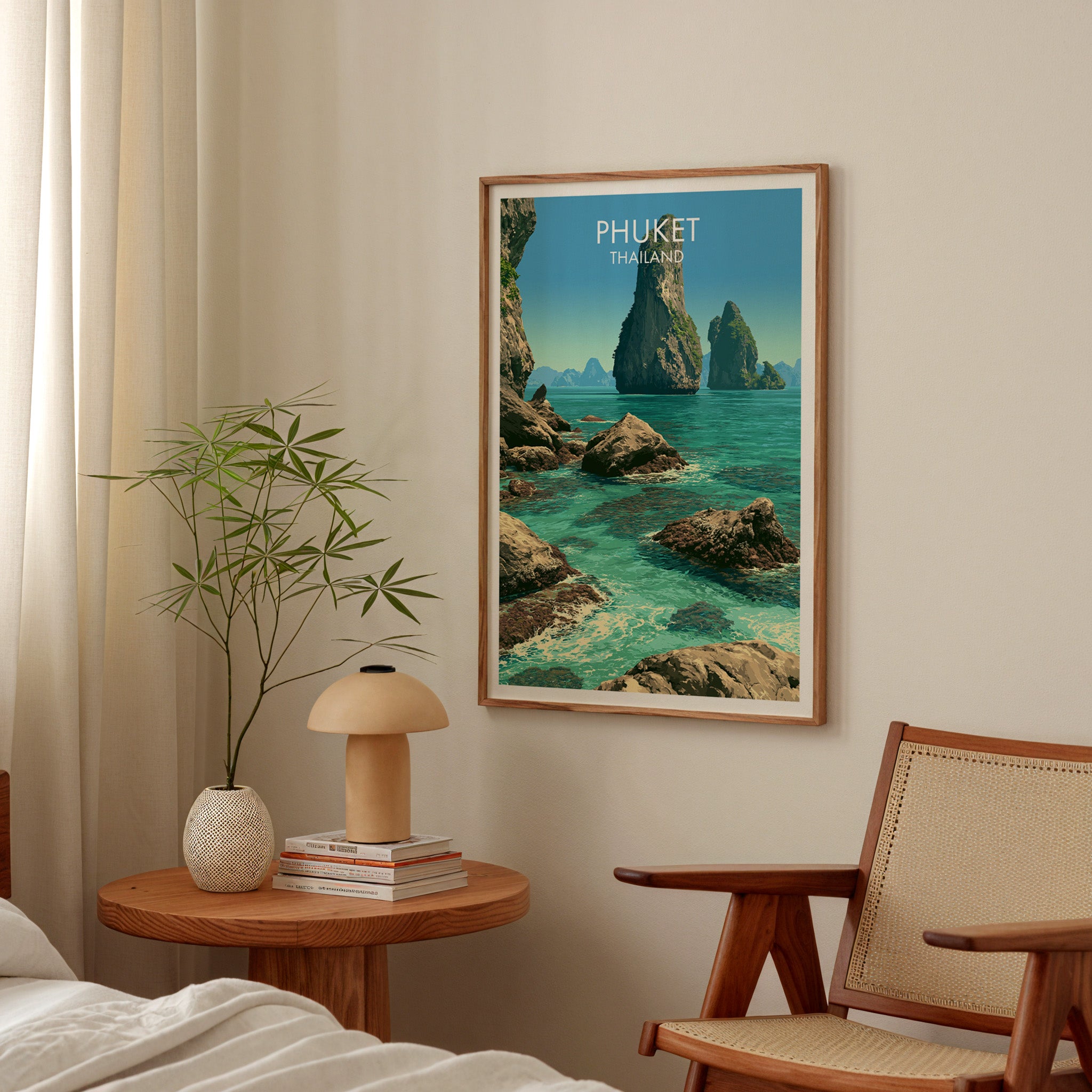 Phang Nga Bay Phuket Thailand poster above a bedroom nightstand with a bamboo plant and mushroom lamp