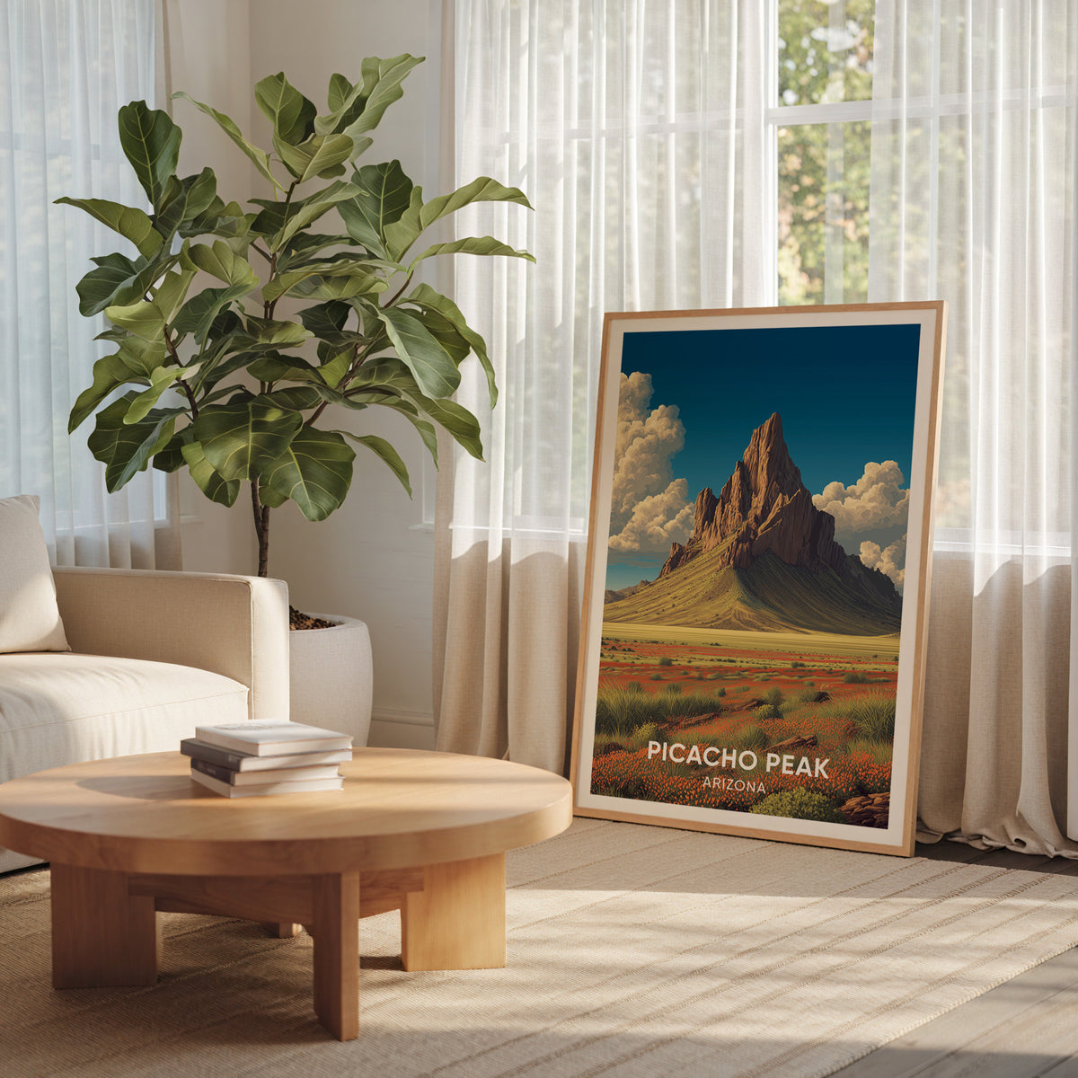 Wildflower desert print leaning at a gauzy window beside a large banana plant