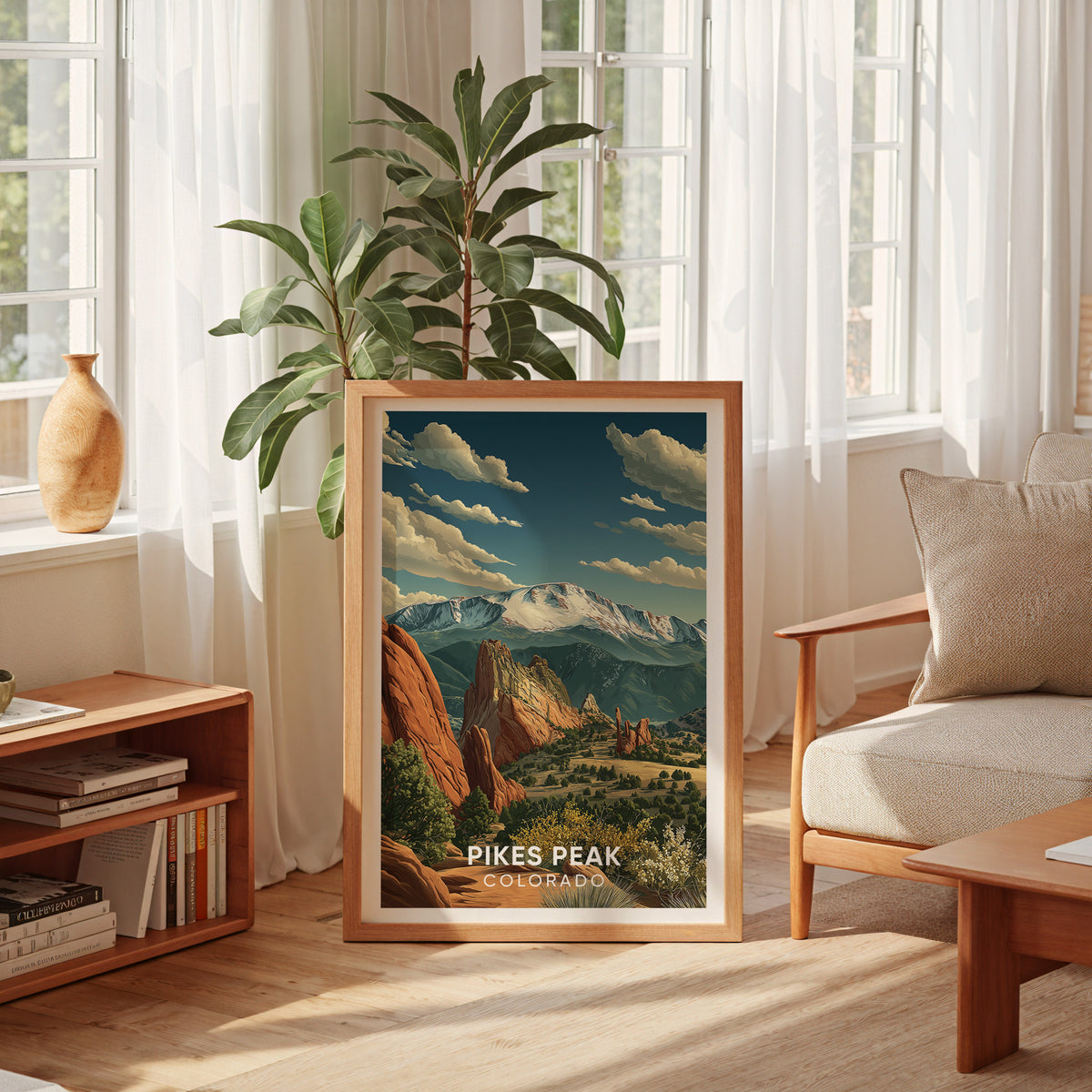 Pikes Peak poster leaning at a voile-curtained window with a low bookshelf and armchair