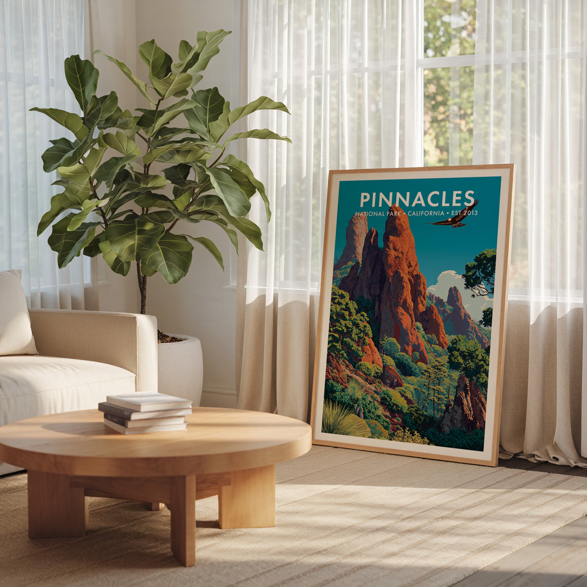 Pinnacles National Park mid-century modern art print leaning in a bright minimalist living room with a fiddle-leaf fig — living room wall art
