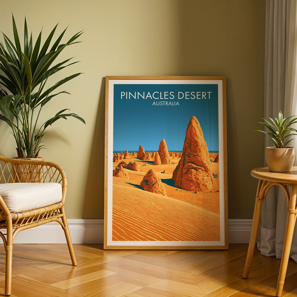Western Australia desert poster in an oak frame on herringbone parquet with an olive wall and rattan chair