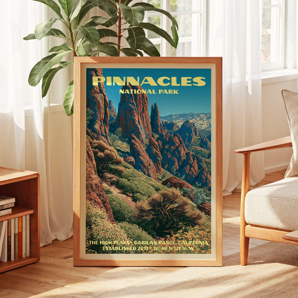 Pinnacles vintage poster in oak, leaning by a sunlit window with sheer curtains and a low bookshelf