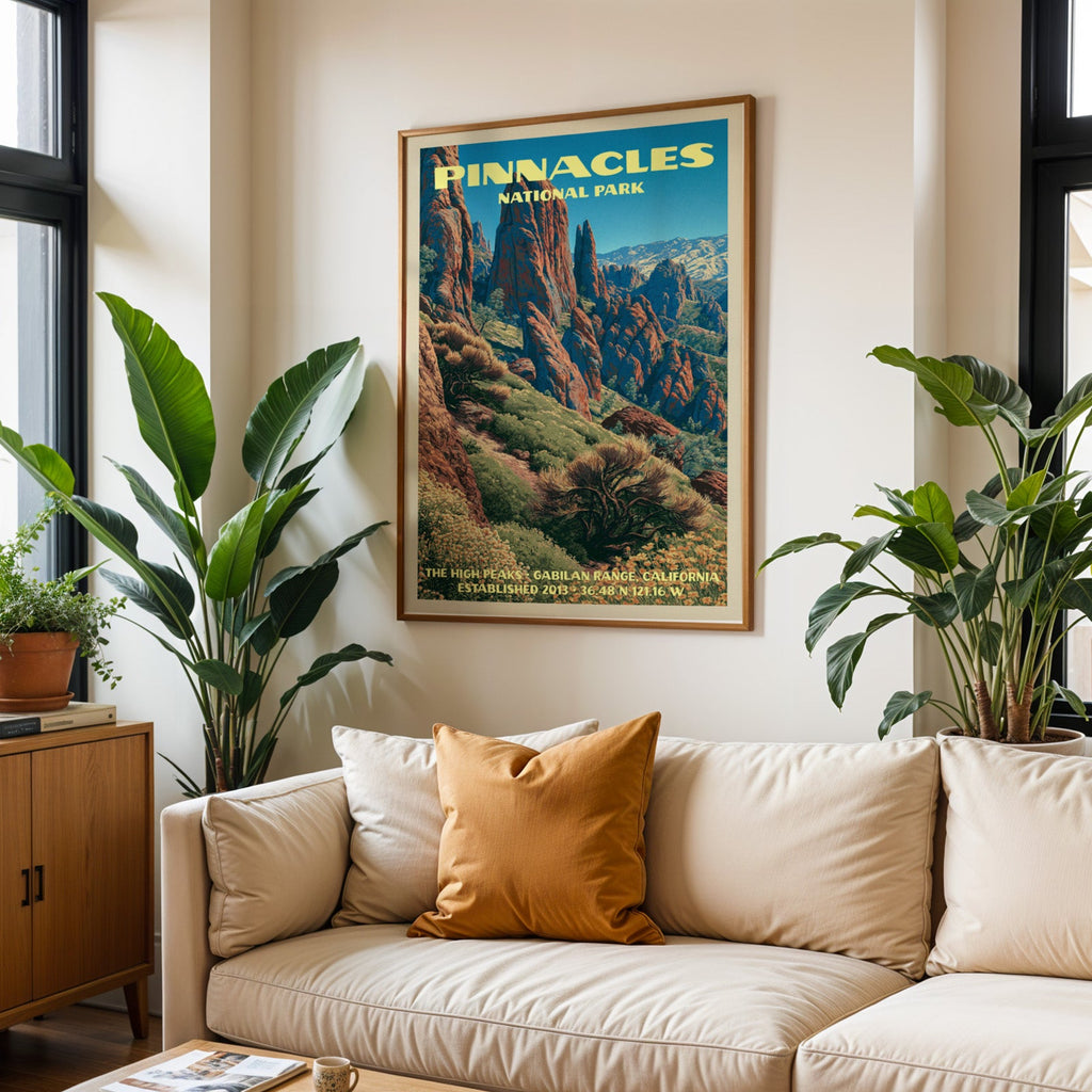 Pinnacles vintage travel print in oak above a cream sofa with a rust cushion and tall houseplants