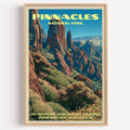 High Peaks Pinnacles National Park vintage poster in a light oak frame on a plain white wall