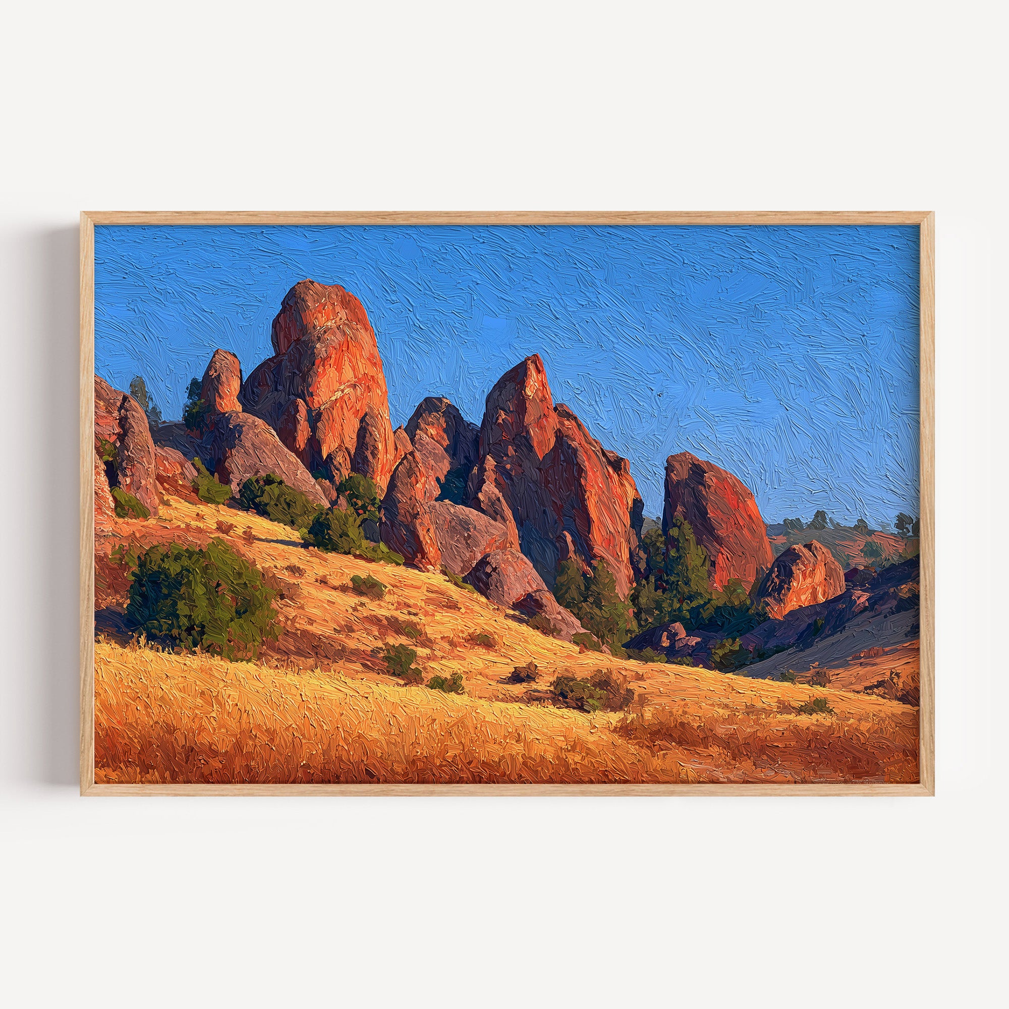 Pinnacles National Park oil painting print in an oak frame: red rock spires above golden grass