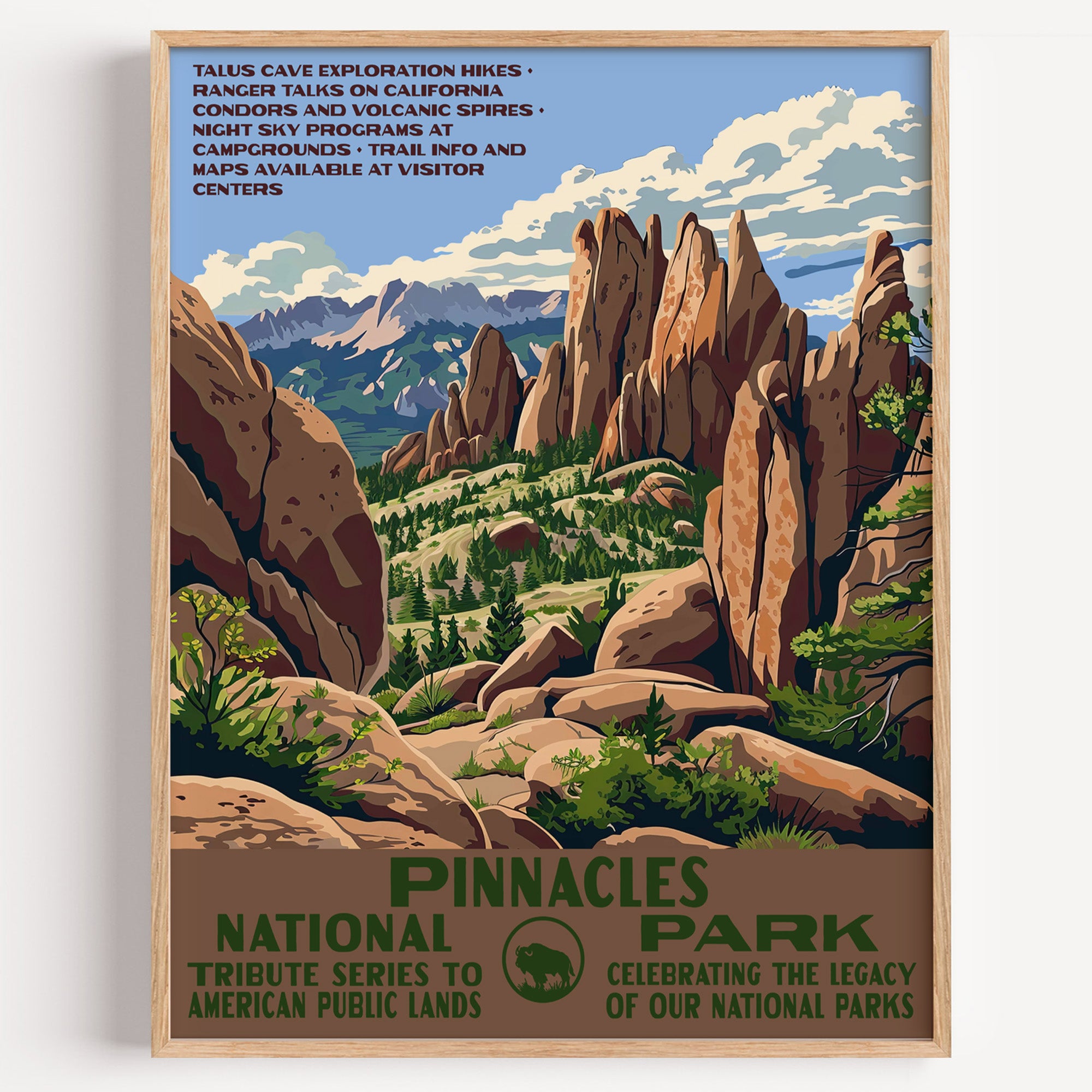 Pinnacles National Park wall art print in a thin wood frame, volcanic rock spires standing above the chaparral