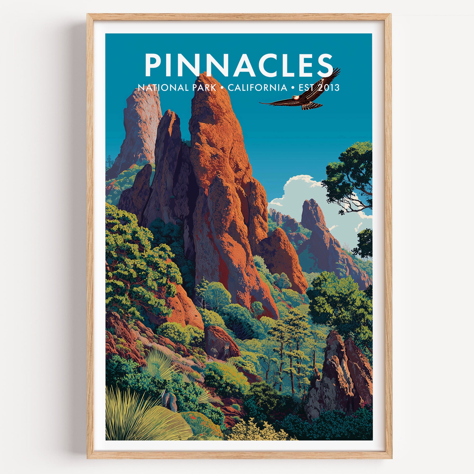 Pinnacles National Park mid-century modern art print — a cluster of rust and violet volcanic spires rising out of green chaparral